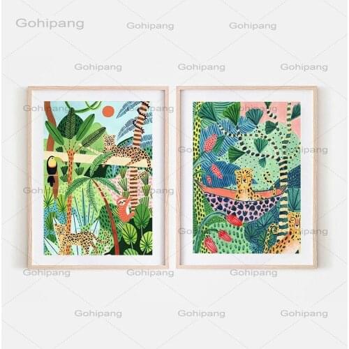 Boho Jungle Canvas poster Sloth Leopard Print Illustration Safari Botanical Print Nursery Living Room Nordic Wall Decor Picture
