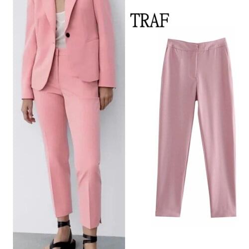 TRAF Pink Women Trousers Za 2021 Autumn Office Lady High Waist Stright Pants Woman Elegant Suits Pants Chic Pocket Ankle Mujer