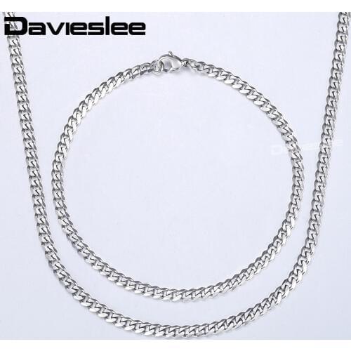Davieslee Mens Jewelry Set Stainless Steel Bracelet Necklace Set Silver Color Curb Cuban Chain Dropshipping Jewelry 3mm LKS114