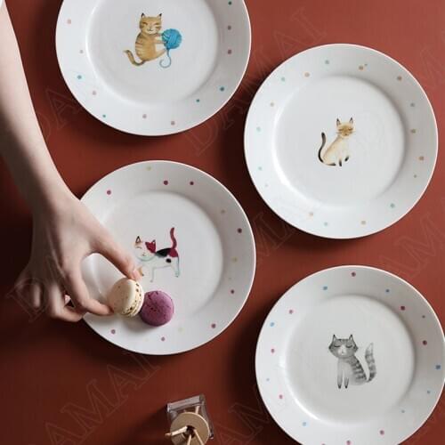 Animal Ceramics Plate Fruit Salad Dish Wave Point Kitten Bone China Flat Plates Breakfast Bread Cake Dishes Kitchen Tableware