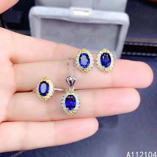 KJJEAXCMY fine jewelry 925 sterling silver natural sapphire women fresh classic gem earrings ring pendant necklace suit support
