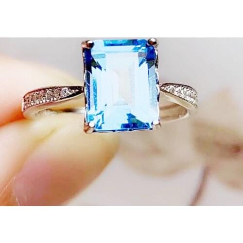 Natural real blue topaz rectangle ring Per jewelry 7*9mm 3.4ct gemstone 925 sterling silver Fine jewelry T214272