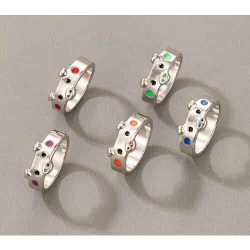 Tocona Colorful Pig Cute Ring for Women Girls New Trendy Dripping Oil Silver Color Alloy Metal Festival Gift Accessories 19685