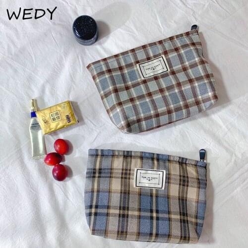Korean Plaid Makeup Bag Cotton Fabric Large Toiletry Wash Bag Women Cosmetic Pouch Necesserie Organizer Beauty Case Lady Clutch