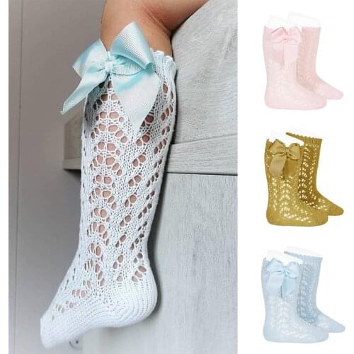 Summer Baby Mesh Thin Socks With Bow Toddlers Girls Long Sock Knee High Solid Blue Pink Hollow Out Kids Boys Princess Socks