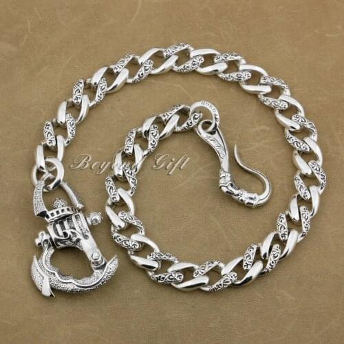 LINSION 925 Sterling Silver Heavy Armor Claw KeyChain Mens Biker Rock Punk Wallet Chain 8F002WC