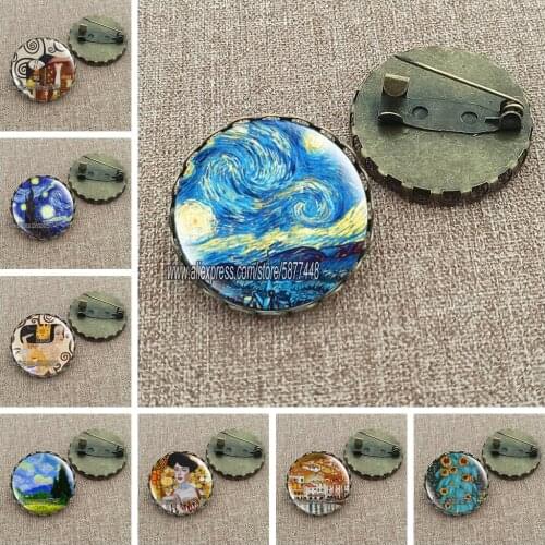Retro Van Gogh Art Starry Night Sunflower Brooches Men Women Glass Cabochon Dome Jewelry School Bag Bronze Brooch Pins Gift