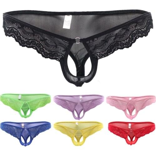 Man Mens Sexy Sheer Transparent Lace Thongs G-string Panties Briefs T Back Panties Open Crotch Jockstrap Gay Underwear Pink Red