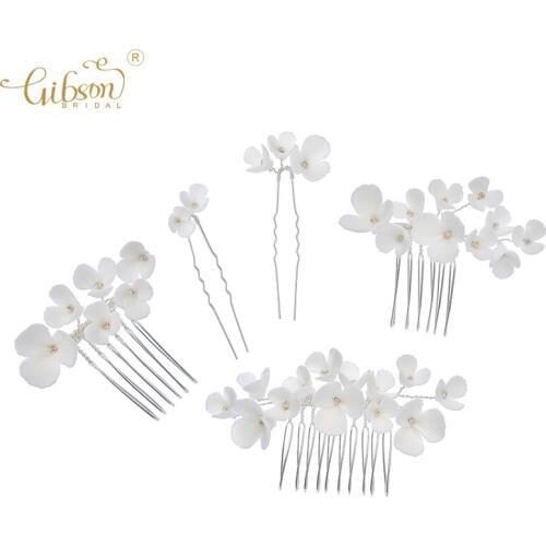 Handmade Bride Headpiece Jewelry Ceramic Flower Hair Comb Clips Set Bobby Pin Wedding Bridal Hair Accessories