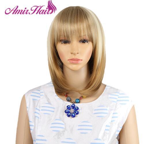 Amir Ombre Synthetic Wigs With Bangs For Women Medium Length Bolnde mixed white color Bob wig Heat Resistant Fiber Cosplay hair