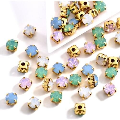 6mm 100pcs Glass Sew On Rhinestones Opal Colorful Sewing Strass Flatback with 5 Holes Crystal Stones for DIY Clothes B1230