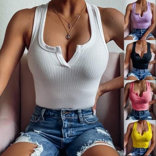 Womens Fashion Sexy Sleeveless Vest Top Plus Size Clothing Summer New Slim and Thin Solid Color Half-open Small V Neck Vest Top