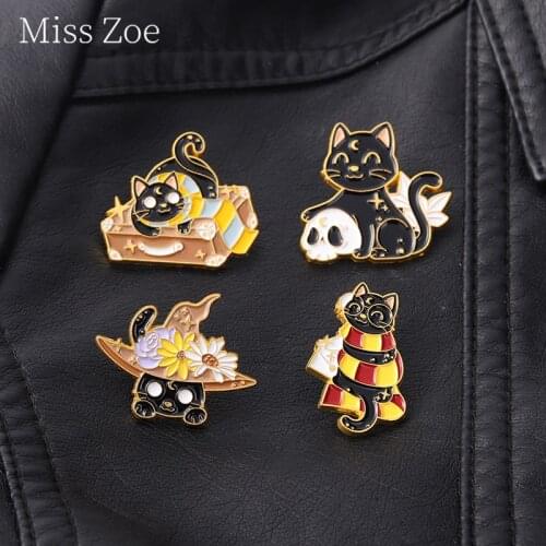 Magic Witch Skeleton Cat Enamel Pin Hat Kitten Moon Cat Brooches Magical Metal Badges Stylish Gothic Halloween Jewelry Wholesale