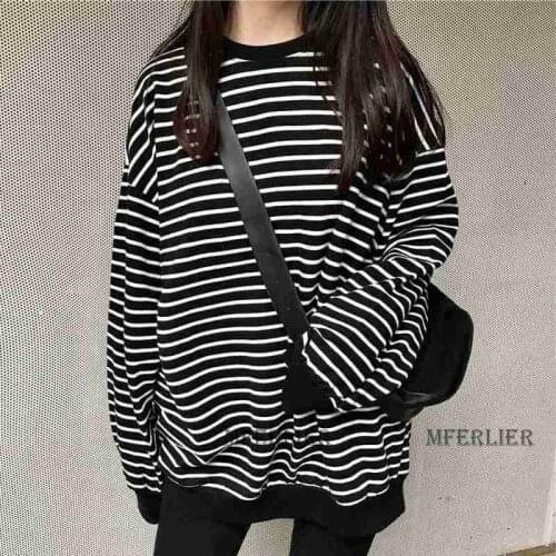Size 8XL 150kg Autumn T Shirt for Women O Neck Long Sleeve Stripped Print T shirt Large Size Loose Tops Tees for Female