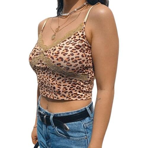 2020 New Fashion Womens Leopard Print Sleeveless Camisole V Neck Spaghetti Strap Lace Trim Tank Top