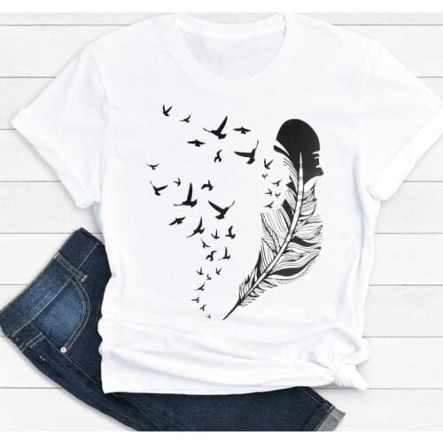 Women Clothes Cartoon Clothing Ladies Feather Watercolor Summer Print Fashion Tshirt Female Short Sleeve Tee Top Graphic T-shirt