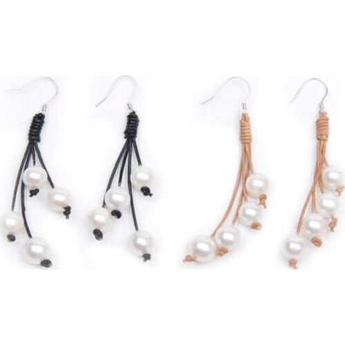 Solid 925 silver hook Women genuine leather rearl pearl freshwater round handmade dangling earring