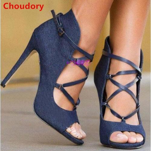 Navy blue cross-tied buckle strap high heels women pumps peep toe denim dress pumps spring summer sandals for women DFS196