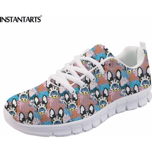 INSTANTARTS 2018 New Women Comfortable Sneakers Abstract Pup Boston Terrier Designs Brand Woman Casual Flats Lace Up Flat Shoes