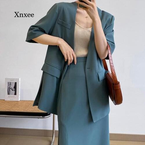 Women Blazer Set Elegant Side Split Women Midi Skirts V-Neck Short Sleeve Blazer Office Lady Summer Skirt Suits French Outfits