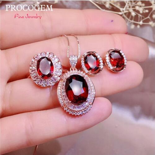 5A Mothers Day Gifts Natural Garnet Jewelry sets for Women Elegant Necklace Ring Earrings Genuine gems 925 Solid Silver #611