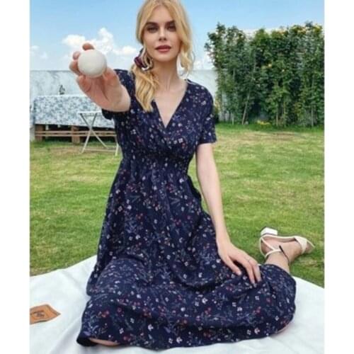 Summer Womens Dresses 2021 Fashion Short Sleeve V-Neck Slimming Waist Floral Dress Print Casual Beach Vestidos Outfit