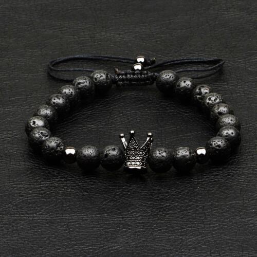1Pcs New Design Fashion Men Bracelet Natural 8mm Lava Stone Handmade Weave Crown Strand Bead Bracelets For Men Classic Jewelry
