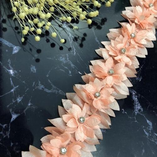 1 yard Shrimp Red 3D Flower Pearl Diamond Lace Trim Applique Trimming Lace Ribbon Patches Embroidered Fabric Sewing Craft Handmade DIY Wedding Decoration