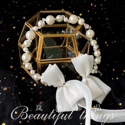 2020 Korean round pearl rhinestone bow hair band,luxury handmade pearl ribbon watch band tassel hair band,bride wedding headwear