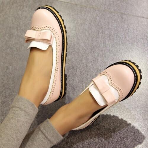 Brand Designer Lolita Shoes Pink Black Blue Women Bow Ballet Flats Sweet Casual Ladies Flat Shoes Creepers Shoes Platform Women