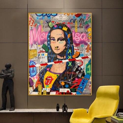 Mona Lisa Street graffiti art canvas abstract painting, interesting mural art posters for living room home decoration pictures