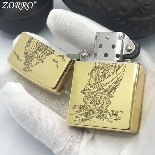 Zorro Kerosene Lighter Pure Copper Brass Carving Sailboat Smoothly Classic Pattern Gasoline Lighter Men Gift Outside Tool