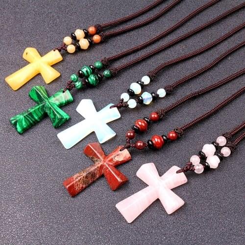 Natural stone Cross Pendant Long Necklace Women Men Catholic Christ Religious Jesus Rosary Jewelry Gift