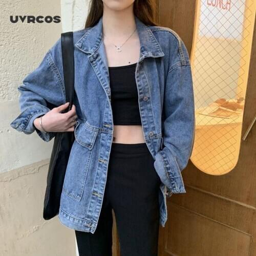 UVRCOS Autumn Long Women Denim Jackets 2020 Lapel Long Sleeve Casual Jeans Jackets Vintage Loose Coats Single Breasted Oversize