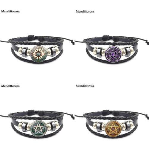 Mendittorosa Satanic Pentagram Star Symbols Statement Black Leather Bracelet Bangle Handmade For Women Fashion Jewelry