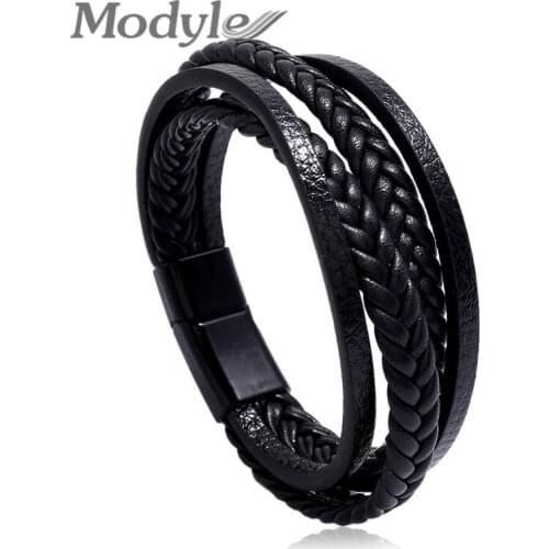 Modyle Trendy Genuine Leather Bracelets Men Punk Vintage Multilayer Braided Rope Bracelets for Male Bracelets Jewelry