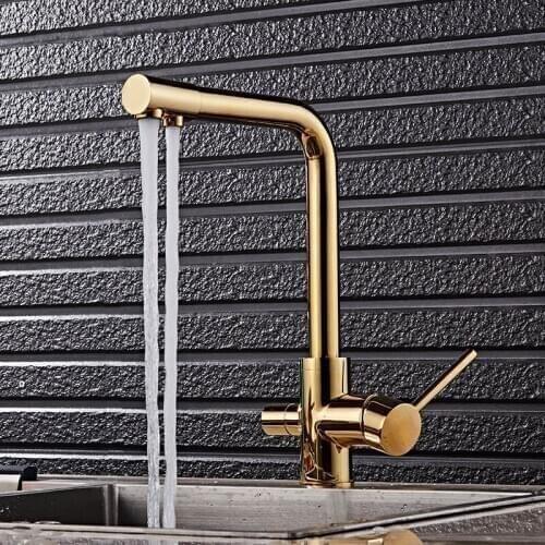 Kitchen Faucets With Filtered Water Copper Water Purifier Dual Handle Drinking Tap 360 Degree Cold and Hot Vessel Sink Mixer Tap