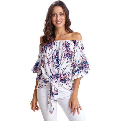 Women t shirt bluses for women off shoulder top T-shirt chiffon printed knotted pullover CHD20230