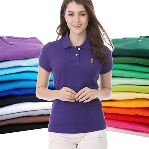 100% Cotton Summer Brand Embroidery Womens Short Sleeve Polos Shirts Casual Cotton Ladies Lapel Tees Slim Female Tops S-3XL