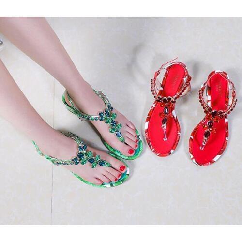 Carpaton 2019 Newest Fashion Sandal Printed Crystal T-strap Thick Heels Woman Shoes Summer Cutouts Thong Sandal Green Red