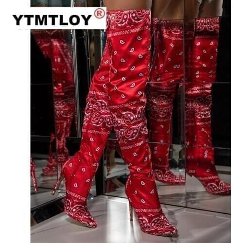 Winter Paisley Women Boots Fashion Paisley Bag Pointy Toe Punk High Thin Heels Over The Knee Long Boots Autumn Booties