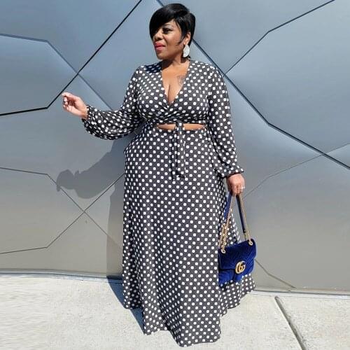 XL-5XL Plus Size 2 Piece Skirt Sets Women Black White Polka Dot Print Long Sleeve Crop Top and High Waist Maxi Skirt Vintage