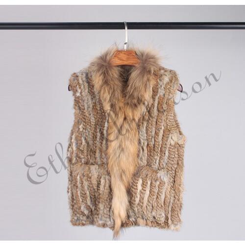 ETHEL ANDERSON Knitted Rabbit Fur Gilet Vest Chic Raccoon Fur Collar Waistcoat Pockets Ladies Brand New Jacket Overcoat
