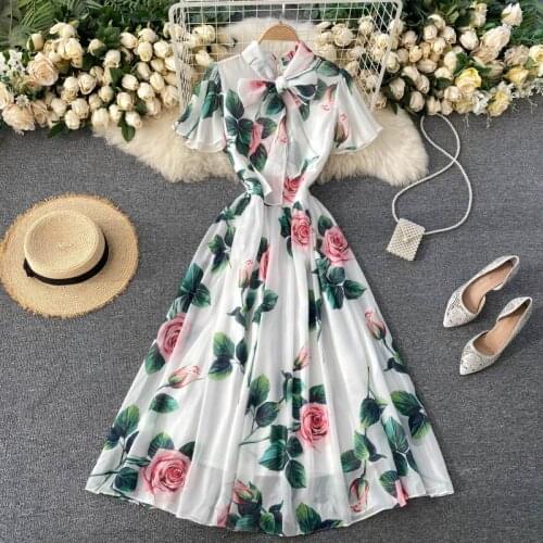 Womens Spring Summer Runway Fashion Short Sleeve Bow Collar Floral Print Dress Female Chic Travel Beach Party Dress TB1983