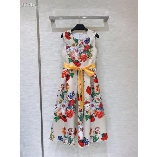 2021 New Women Summer Fashion Runway Party Midi Dress Sleeveless Flowers Print High Waist Beading Ladies A-Line Dresses