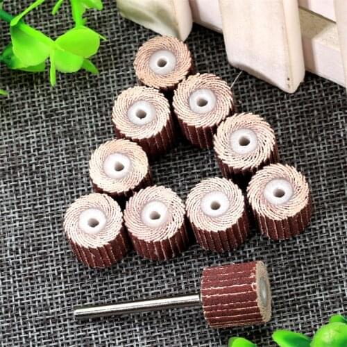 10Pcs Grit #240 Emery Cloth Trimming Buffing Grinding Sandpaper Sanding Flap Wheel Head with 1Pc 3mm Shank Mandrel Rotary Tools