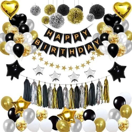 92pcs/lot Black Gold Series Party Decoration Balloon Set Happy Birthday Happy Birthday Tissue Paper Flower Birthday Supplies