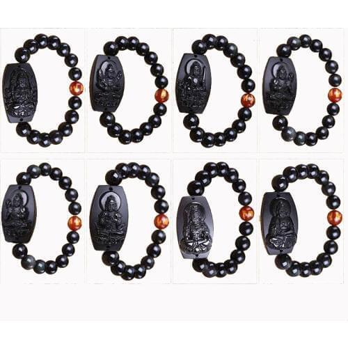 KYSZDL Natural obsidian carving twelve zodiac guardian bracelet couple models 10MM obsidian round beads bracelet jewelry gifts