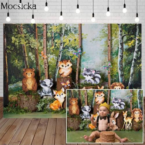 Jungle Wild Animals Cake Smash Backdrops Photo Shoot Woodland Children Portrait Background Painting Style Green Forest Photocall