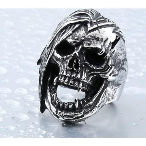 Stainless Steel Cool Long Hair Skull Ring Mens Women Fashion Big Motor Biker Skulls Vampire Rings